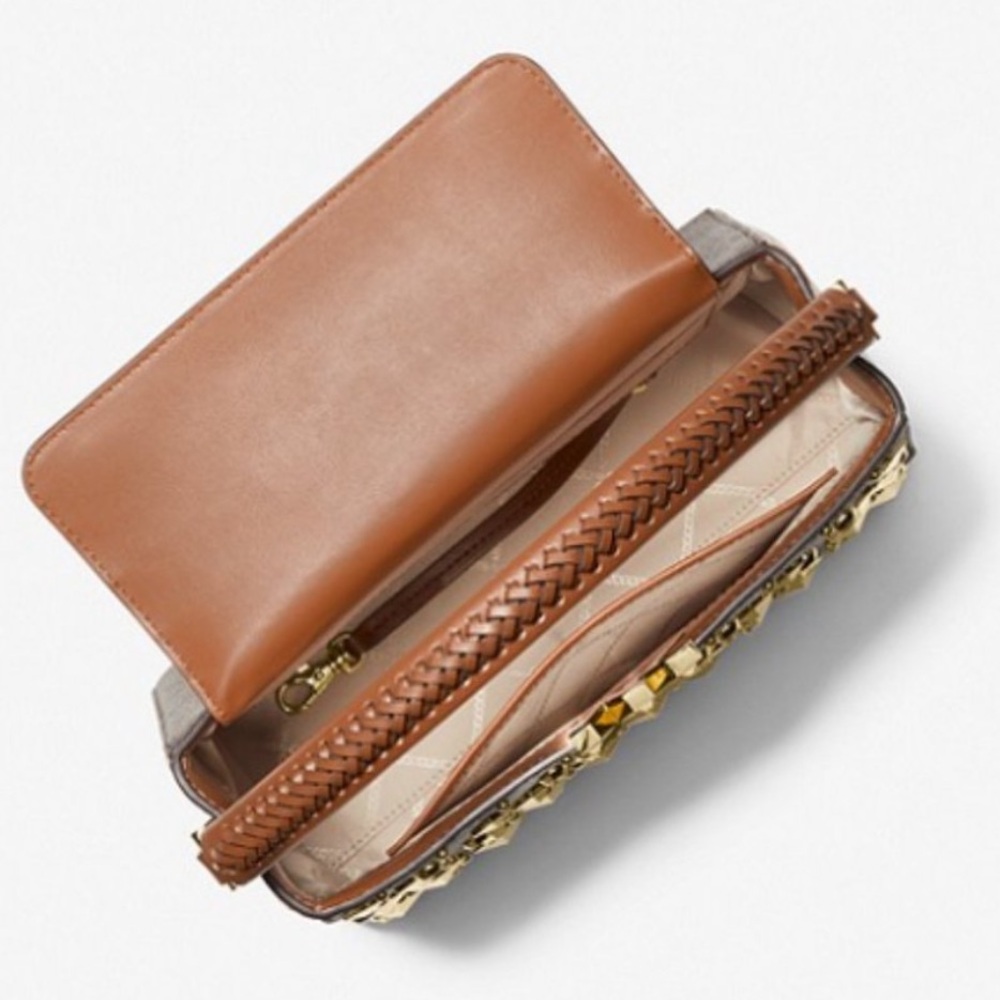 New Michael Kors Karlie Medium Studded Signature Logo Satchel in Chestnut Brown - Picture 14 of 17